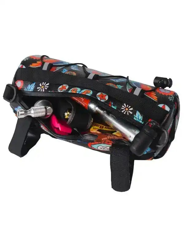 Colorful cycling frame bag with tools and snacks, ideal for bike rides and adventures