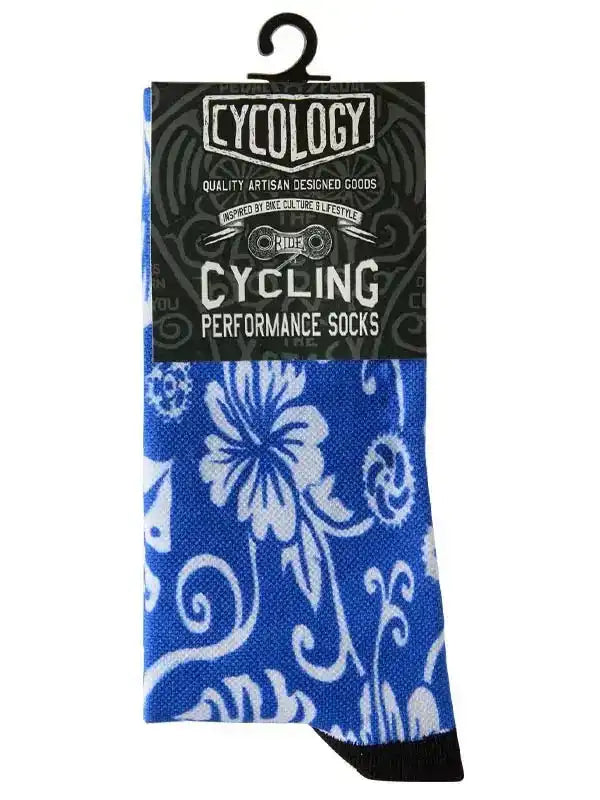 Blue floral cycling performance socks with white pattern, designed for bike culture and lifestyle