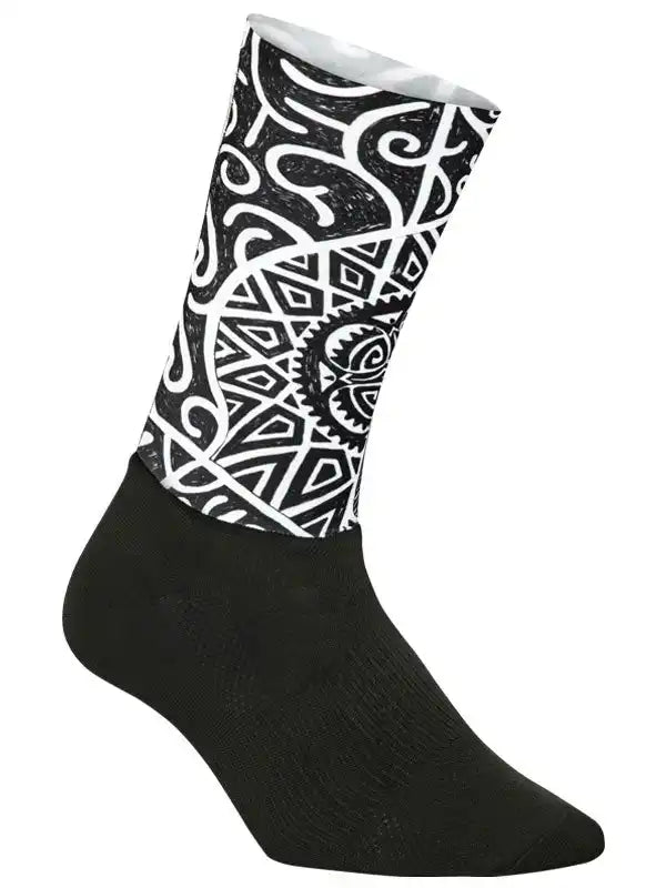Black cycling sock with white tribal and gear pattern, ideal for men's and women's bike rides