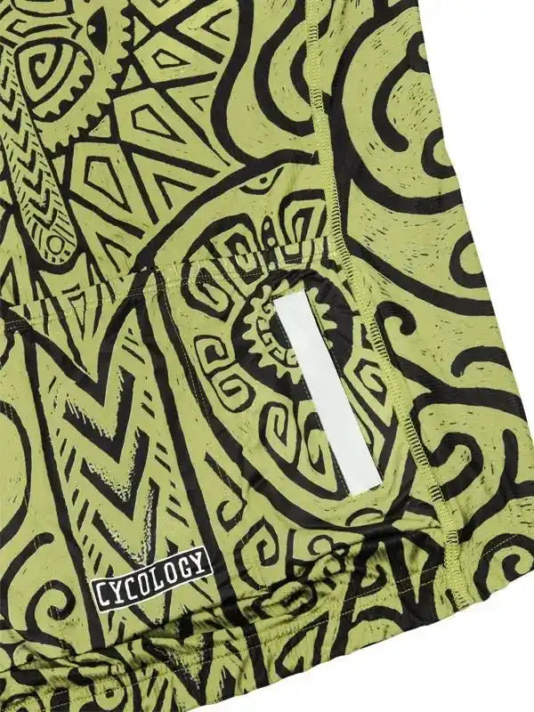 Green cycling jersey with bold black tribal patterns and Cycology logo, designed for men's and women's bike rides.