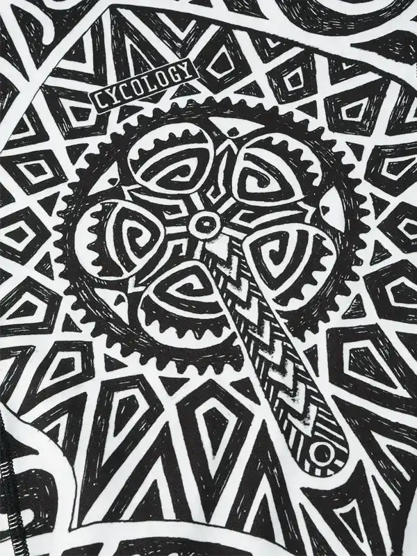 Cycology cycling jersey with bold black-and-white gear and geometric pattern design