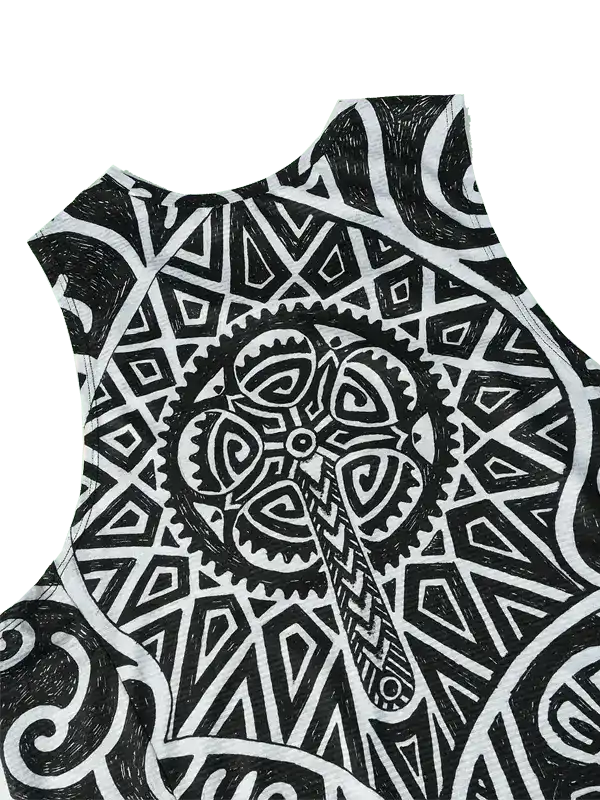 Black and white geometric cycling jersey with gear-inspired pattern, ideal for men's and women's bike rides.