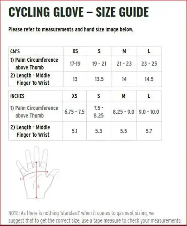 Cycling glove size chart with hand measurements in cm and inches for accurate fit
