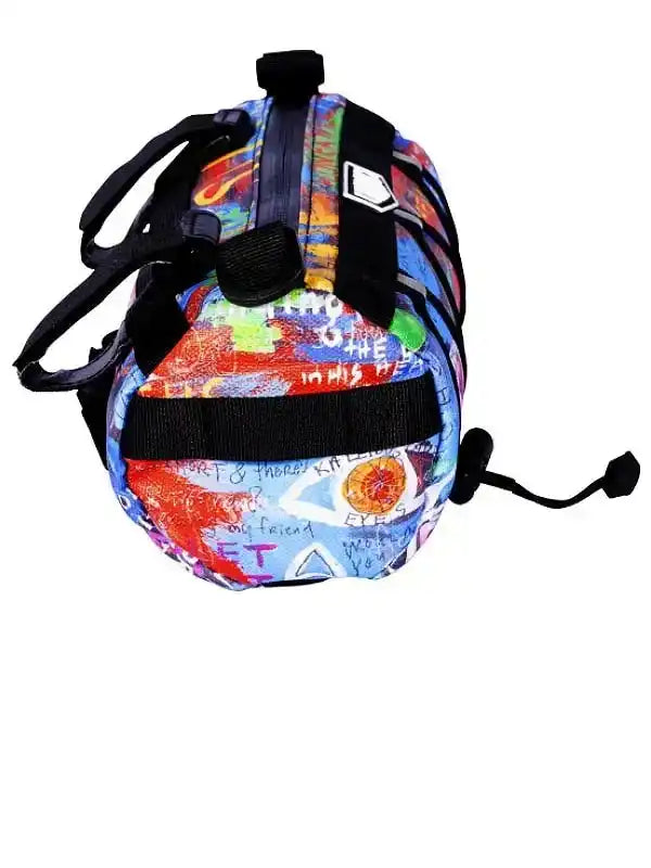 Colorful graffiti-style cycling backpack with black straps and drawstring closure