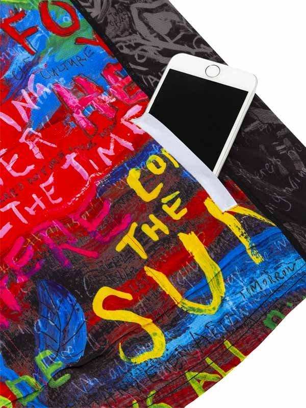 Colorful graffiti-style cycling jersey with phone pocket, vibrant art design for men and women
