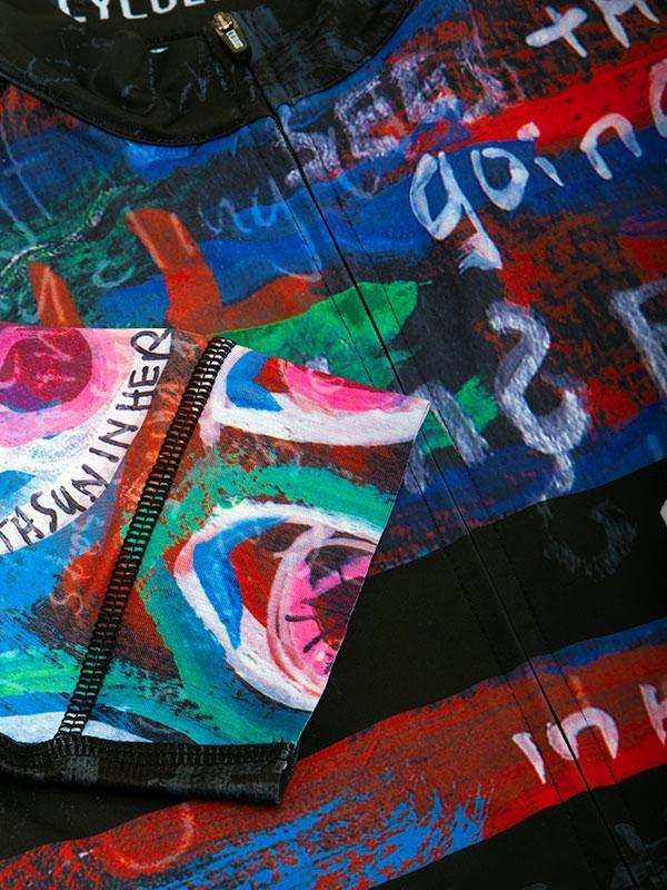 Vibrant abstract cycling jersey with bold graffiti-style art and colorful graphics for men and women