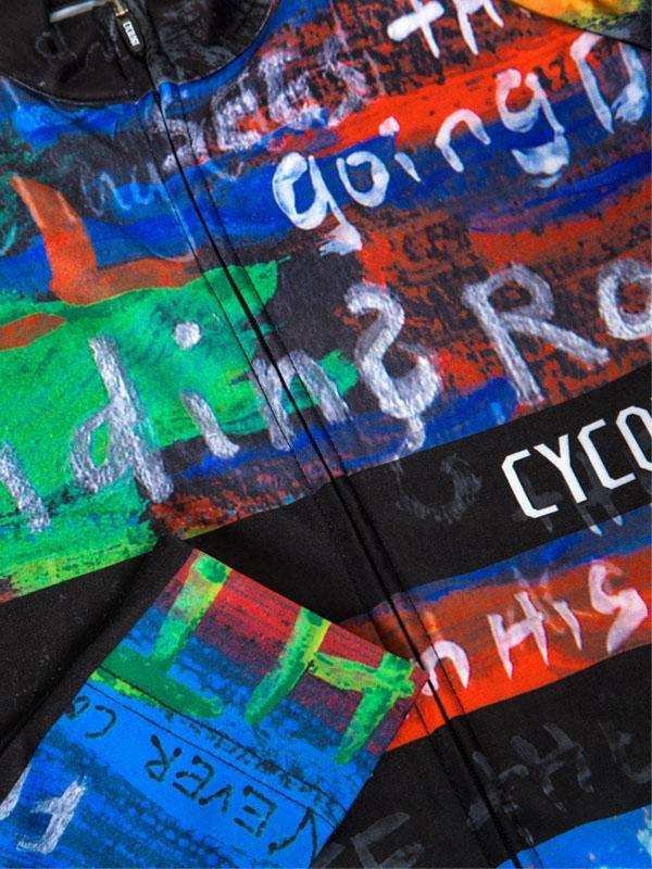 Vibrant graffiti-style cycling jersey with bold colors and urban text design for men and women