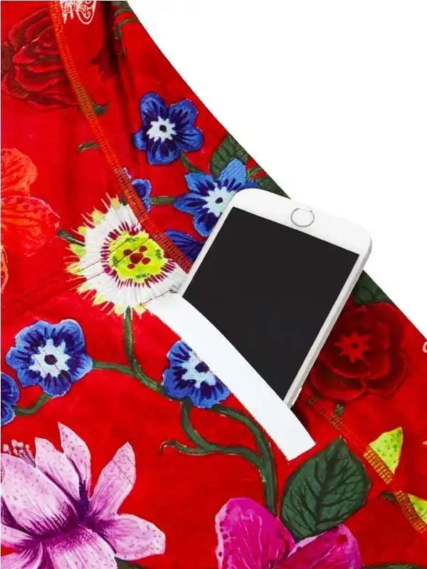 Red floral cycling jersey with phone pocket, vibrant blue and pink flowers, stretch fabric design