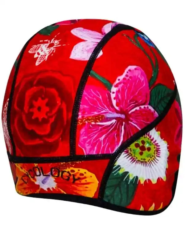 Vibrant floral cycling cap with bold red background and tropical flower print for men and women