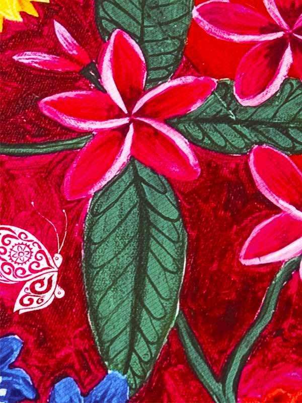 Vibrant red floral pattern with green leaves and butterfly design on cycling apparel fabric