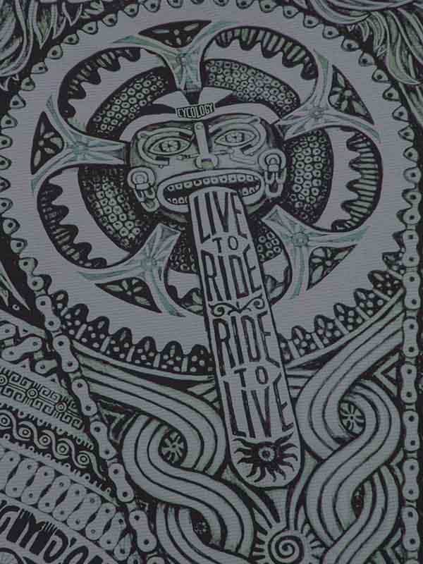 Cycling apparel graphic with 'Live to Ride, Ride to Live' slogan and intricate bike chain design