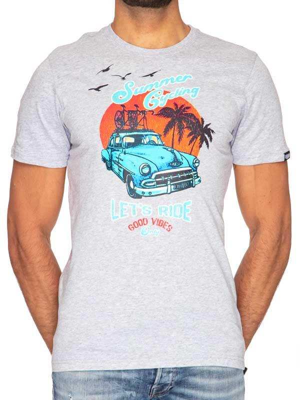 Men's gray t-shirt with vintage car, palm trees, and 'Summer Cycling' graphic for bike lovers