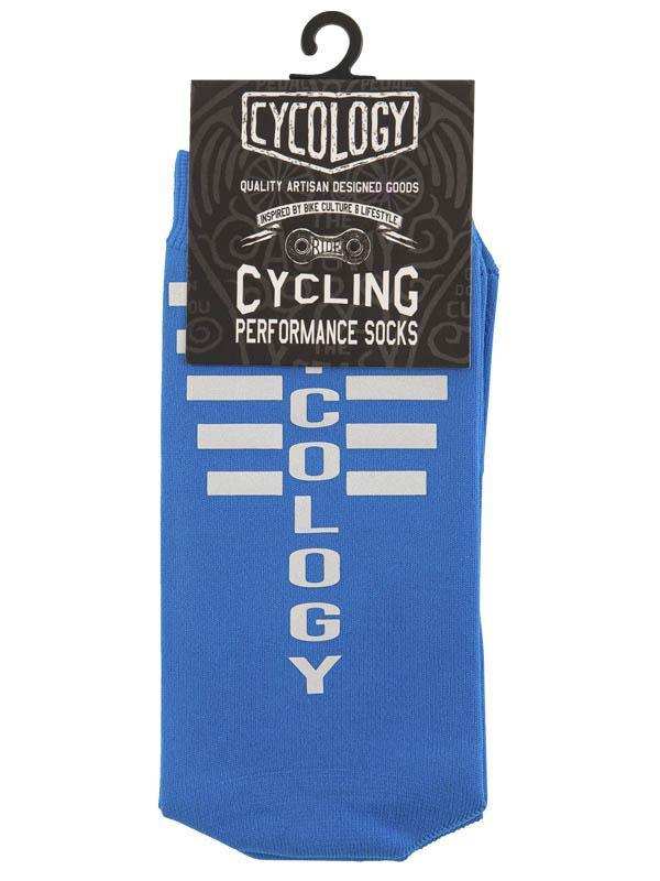 Blue cycling performance socks with white 'Cycology' lettering, designed for bike culture and lifestyle.