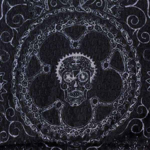 Skull and gear cycling apparel design on dark fabric, unique men's and women's bike wear