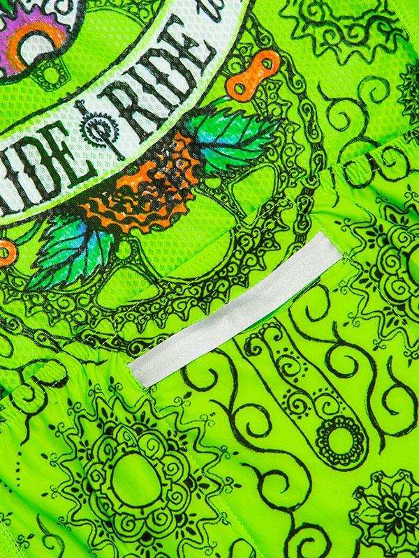 Vibrant neon green cycling jersey with 'RIDE' graphic, gear, and leaf designs for men's and women's bike wear