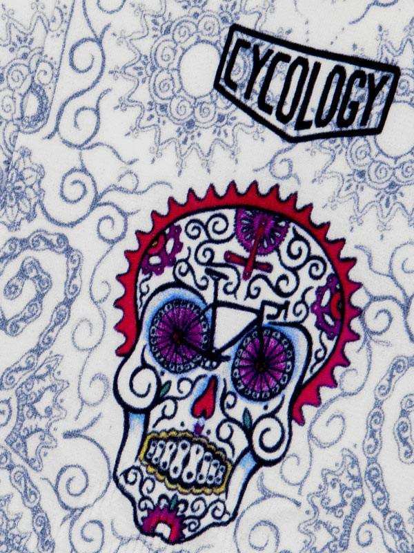 Cycology branded cycling jersey with sugar skull and gear design on white fabric