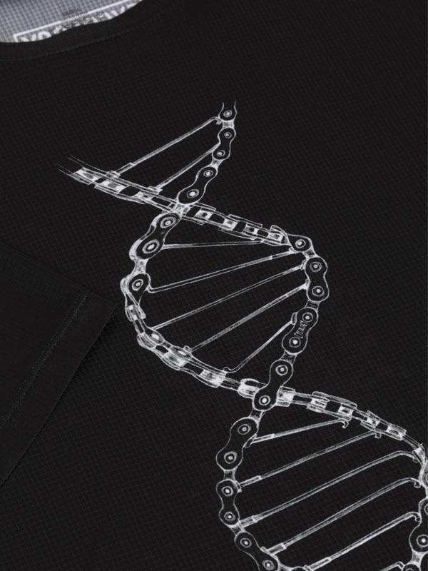 Black cycling jersey with white DNA helix design made of bike chain links, unique cycling apparel
