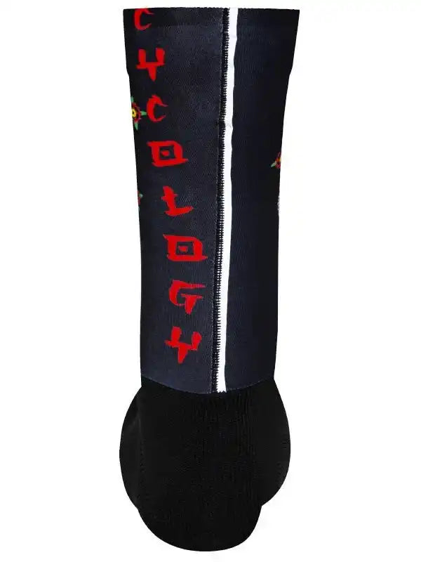 Black cycling sock with red vertical text and white stripe, designed for men's and women's bike rides