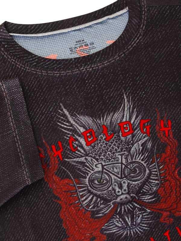 Men's cycling t-shirt with bold owl and bike graphic, red flame accents, and 'CYCOLOGY' text
