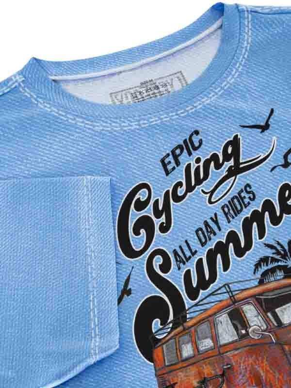 Light blue cycling t-shirt with 'Epic Cycling All Day Rides Summer' graphic, palm trees, and vintage van design.