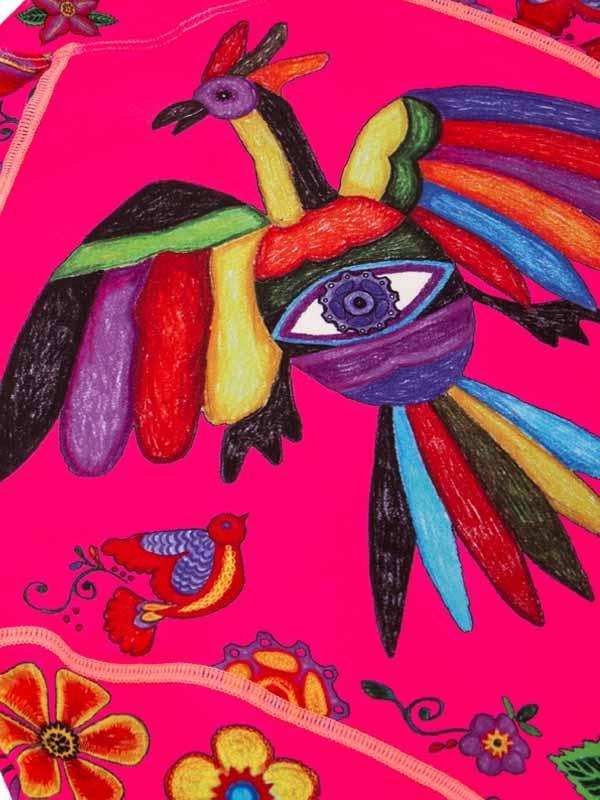 Vibrant pink cycling jersey with colorful phoenix and floral embroidery design