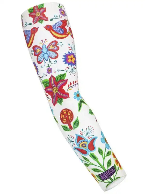 Colorful floral and bird patterned cycling arm sleeve with vibrant butterfly and flower designs