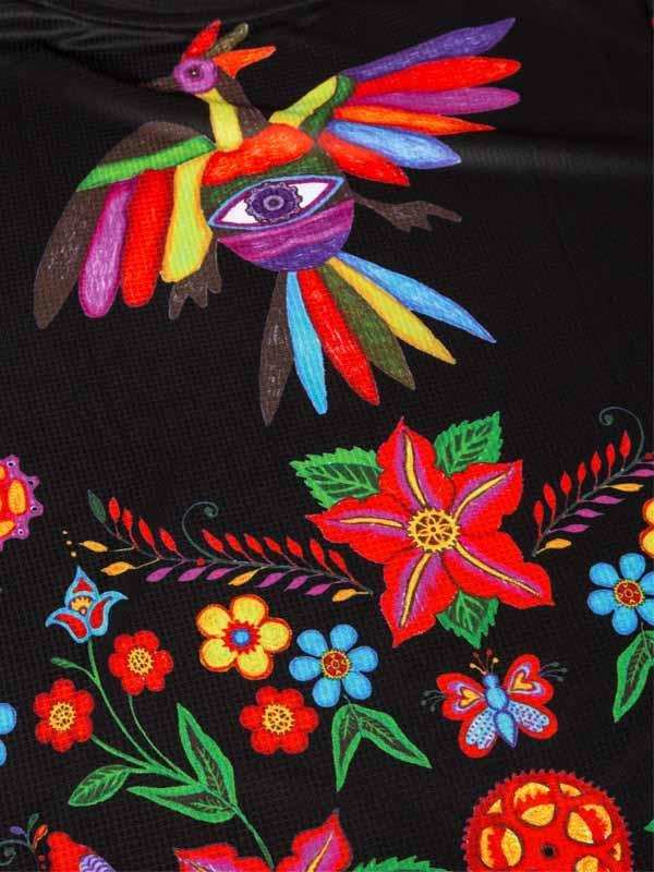 Vibrant bird and floral print on black cycling jersey, colorful design for men's or women's bike wear
