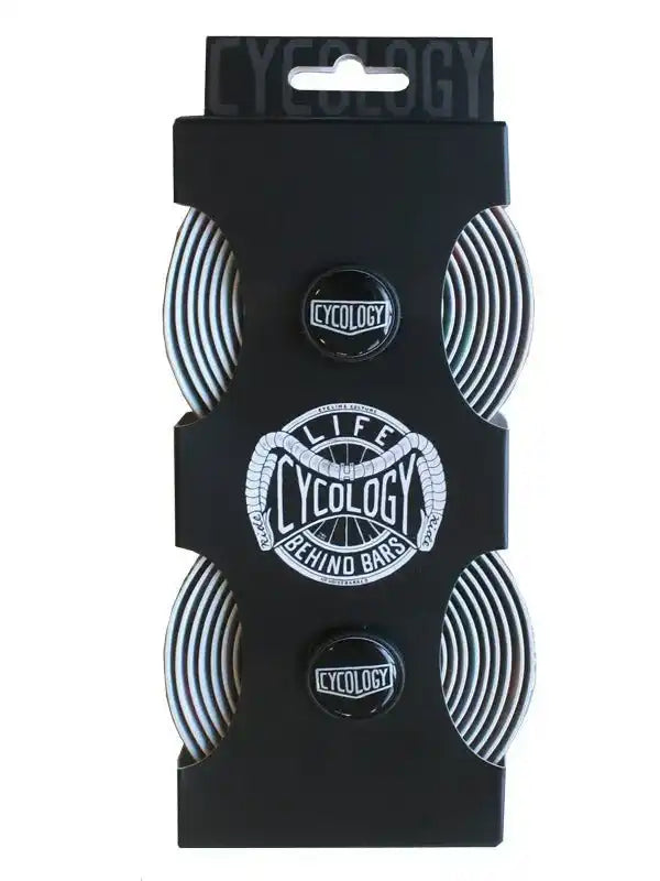 Cycology bike handlebar tape set with 'Life Behind Bars' design, black packaging, cycling accessories