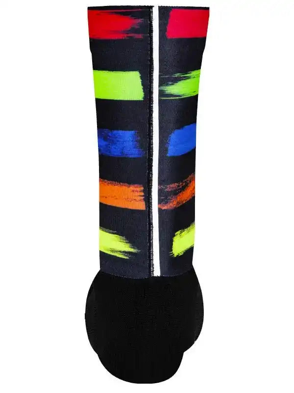 Colorful cycling socks with bold brushstroke stripes on black, perfect for men's and women's bike rides