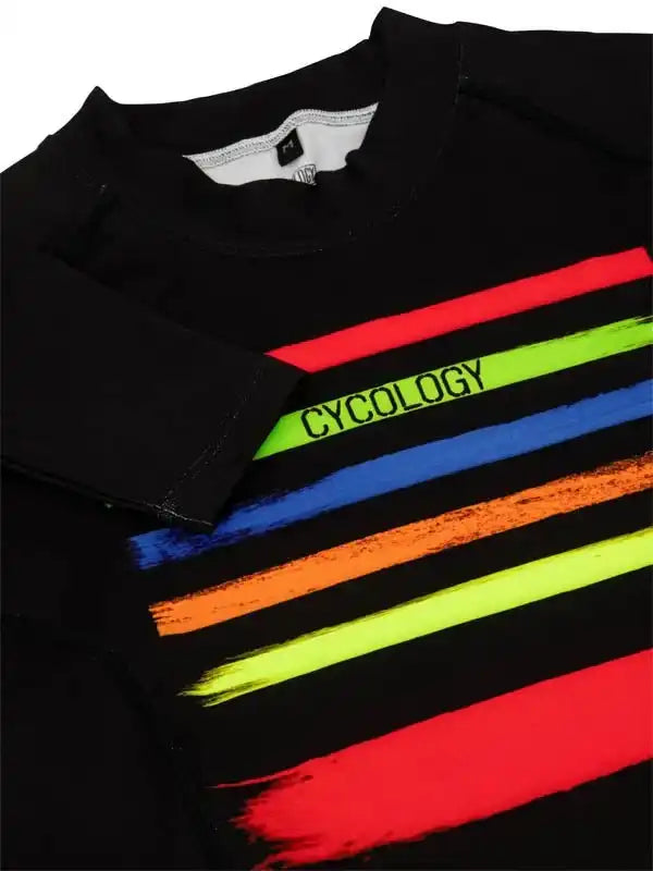 Black cycling jersey with vibrant rainbow stripes and 'CYCOLOGY' text, ideal for men's and women's bike wear.