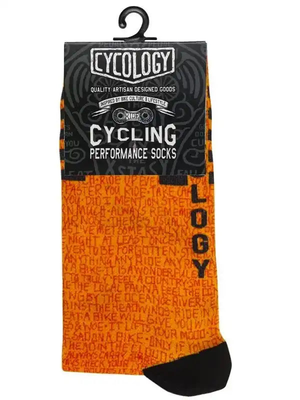 Orange cycling performance socks with black text, designed for bike culture and lifestyle