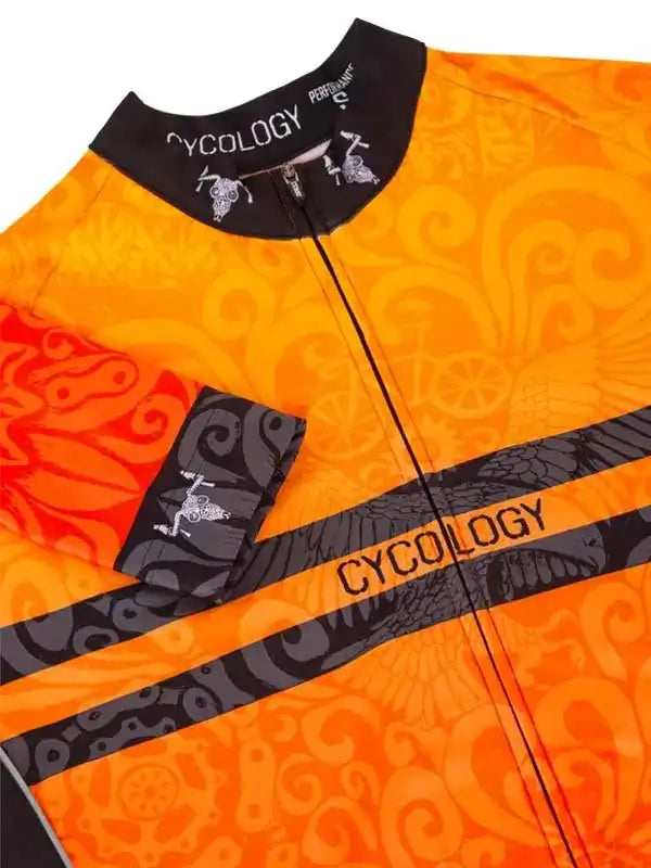Vibrant orange cycling jersey with swirl patterns, black accents, and brand logo details