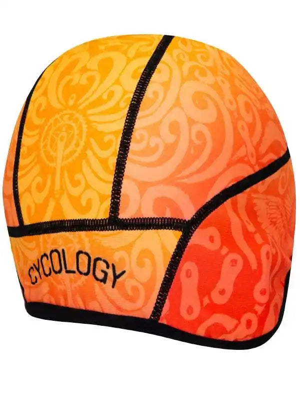 Cycology cycling cap with orange swirl pattern and black stitching, designed for bike riders