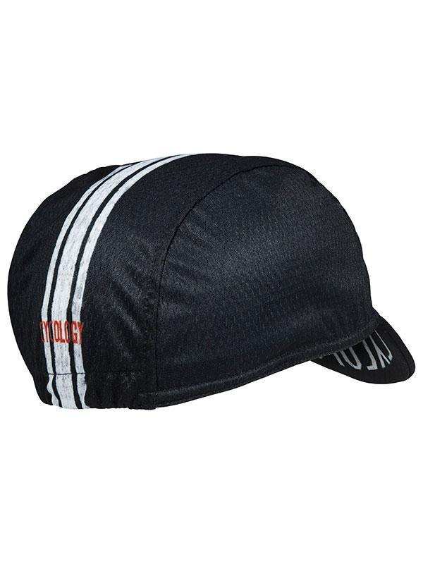 Black cycling cap with white stripes and red logo, designed for men's and women's bike rides
