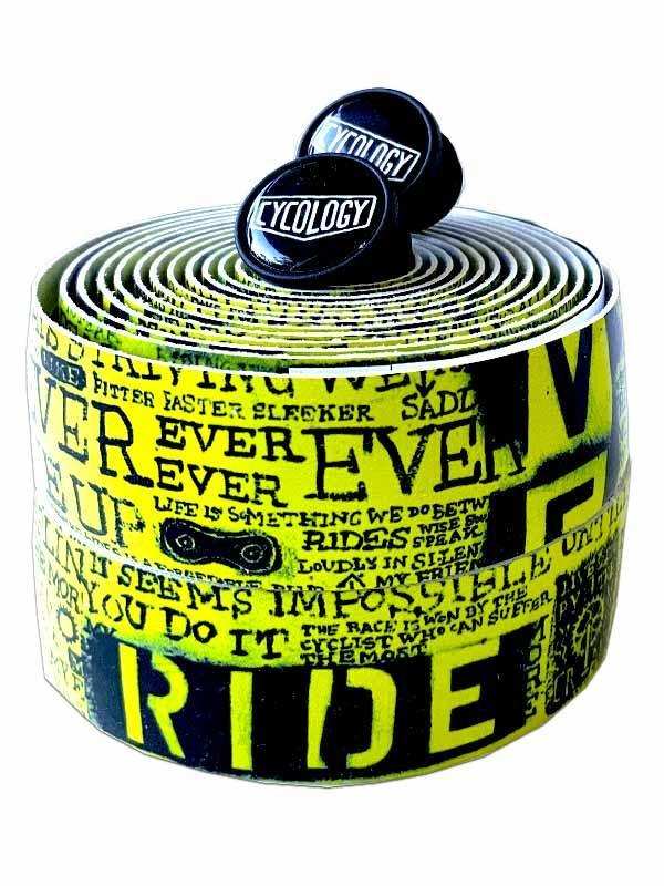 Bright yellow and black cycling handlebar tape with motivational text and branded end plugs