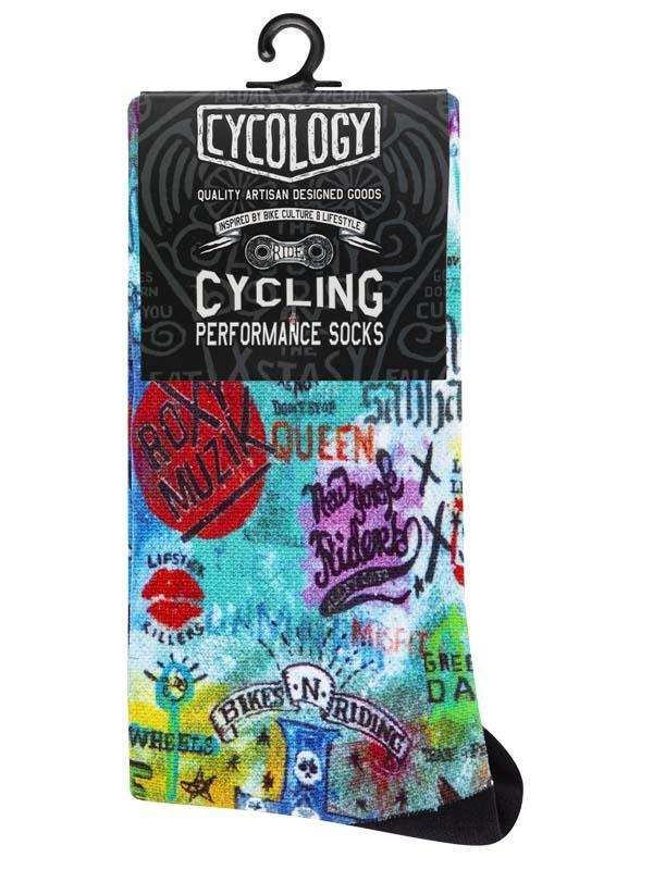 Colorful cycling performance socks with graffiti-style graphics, ideal for bike culture enthusiasts and riders.