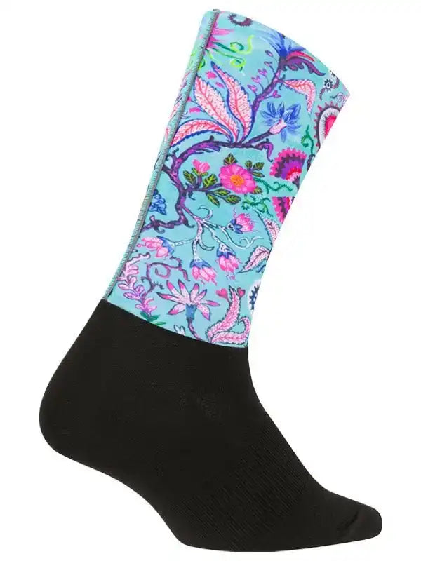 Cycling sock with vibrant floral pattern on light blue, black foot, ideal for men's and women's bike rides