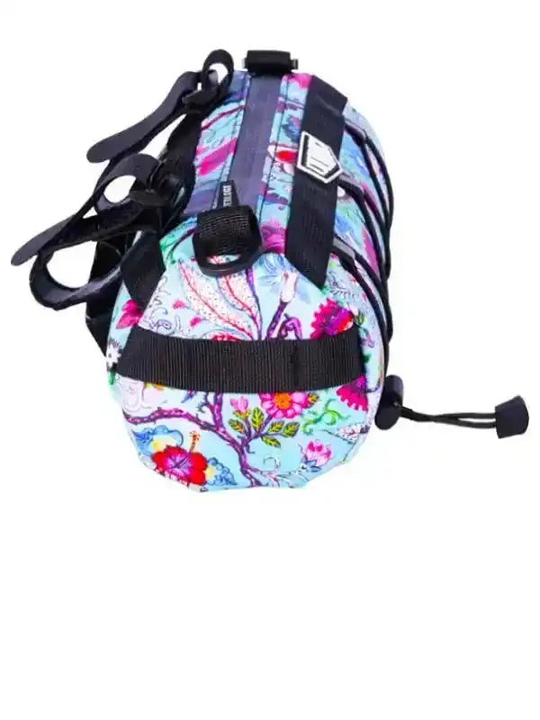 Colorful floral cycling seat bag with black straps and drawstring closure for bike storage