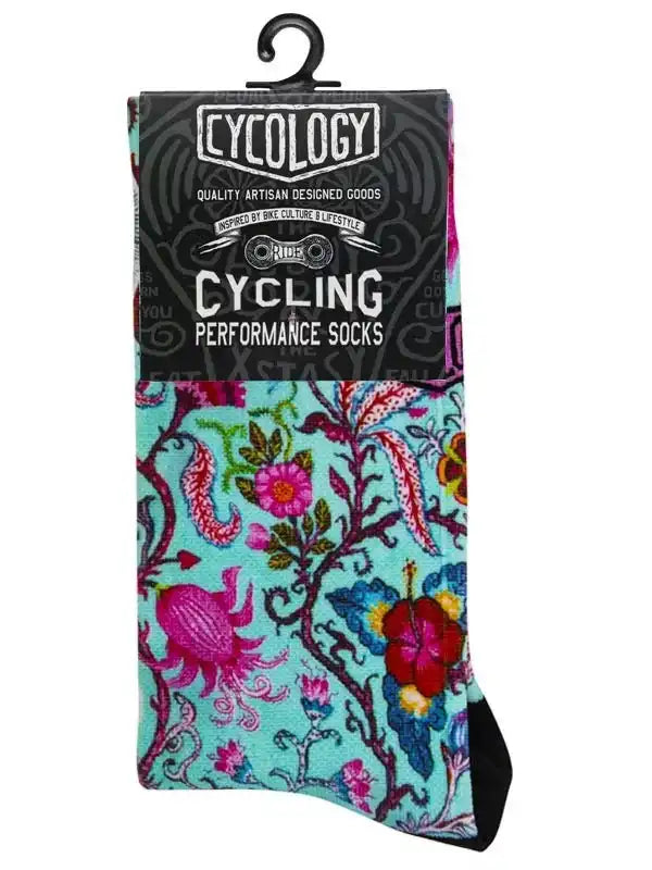 Cycling performance socks with vibrant floral pattern, designed for bike culture and comfort.