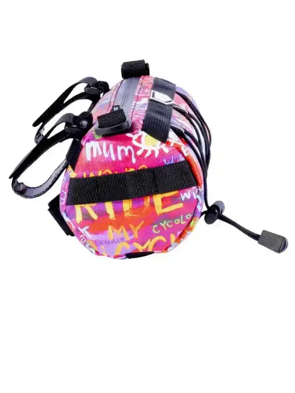 Colorful cycling saddle bag with bold graphics and black straps for bike storage