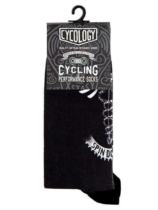 Black cycling performance socks with chain and gear design, artisan-made for bike culture