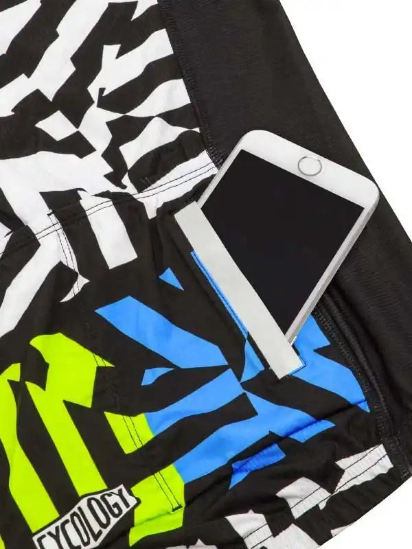 Men's cycling shorts with bold black, white, blue, and neon green graphic design and phone pocket