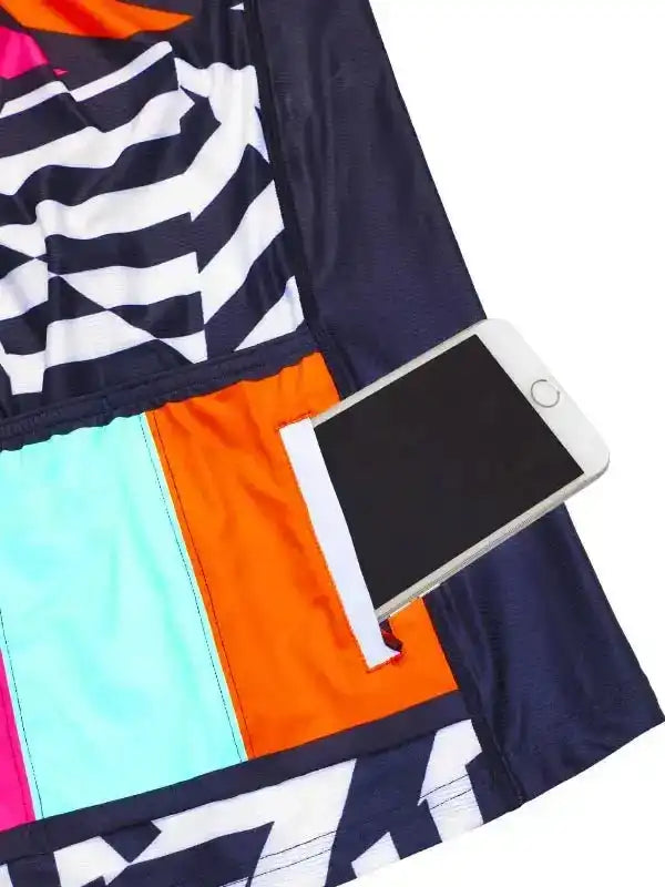 Colorful cycling shorts with phone pocket, featuring bold stripes and panels for men's or women's rides