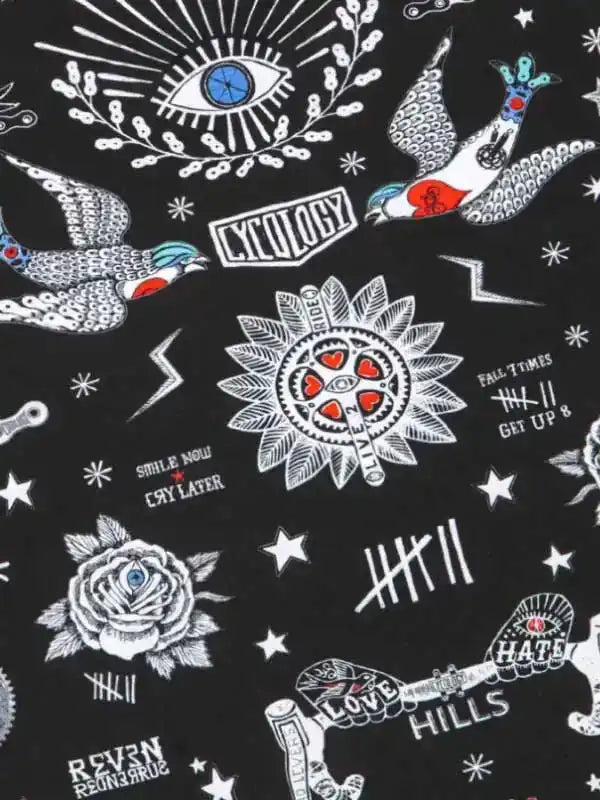Black cycling fabric with white and blue tattoo-style graphics, including eyes, birds, roses, and motivational phrases