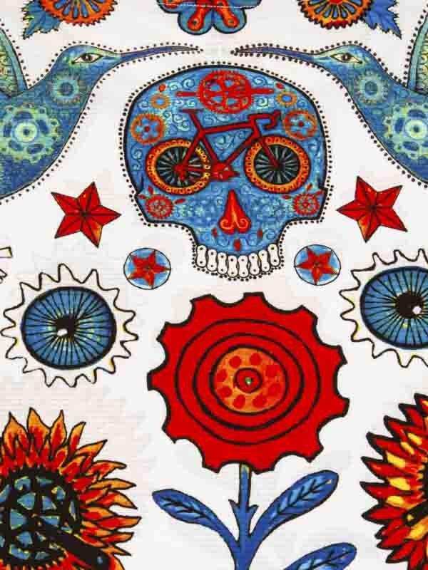 Colorful cycling-themed fabric with skull, bike, gears, and flowers for men's and women's apparel