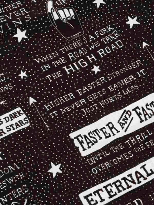 Cycling apparel fabric with motivational quotes, stars, and arrows on dark background
