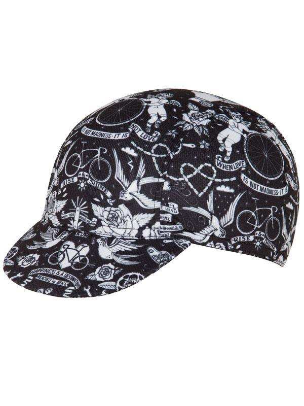 Black cycling cap with white tattoo-style print featuring bikes, roses, and motivational phrases for bike lovers.