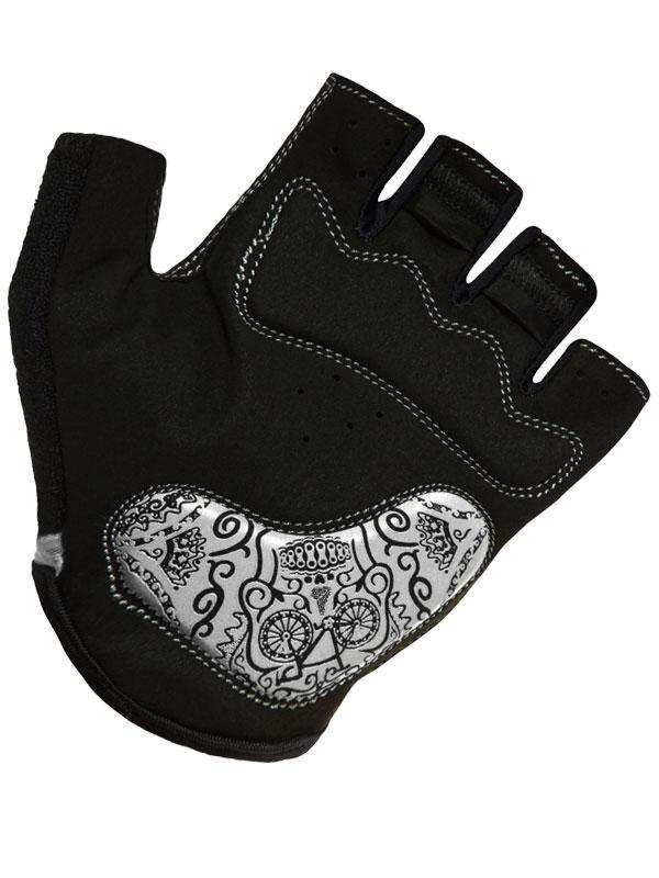 Black fingerless cycling glove with sugar skull and bike design, breathable fabric, white stitching