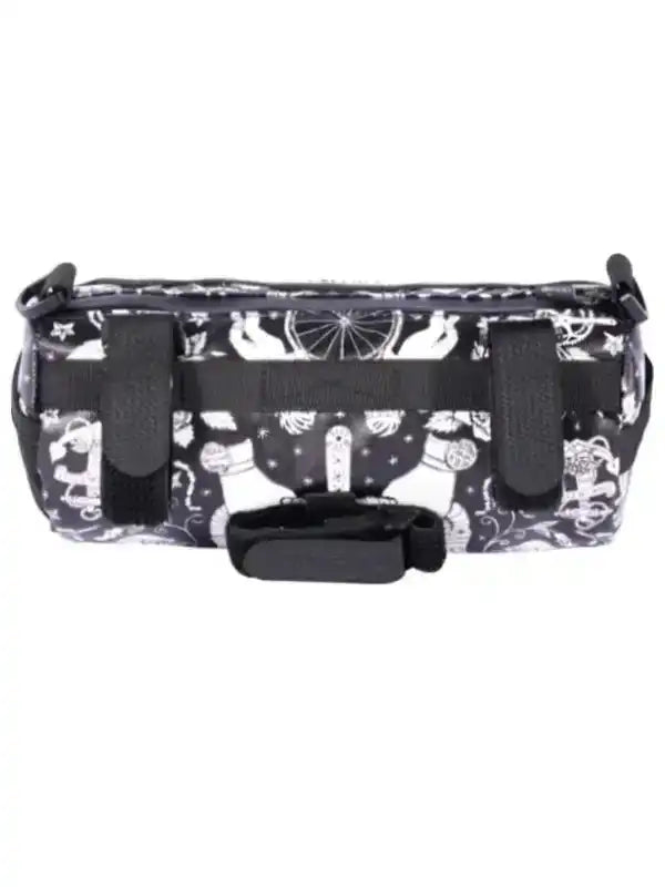 Black and white patterned cycling frame bag with velcro straps for bike storage