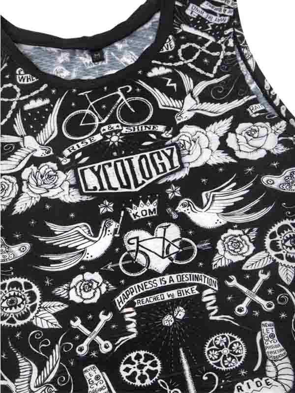 Black cycling tank top with white tattoo-style graphics including bikes, roses, birds, and 'Cycology' text